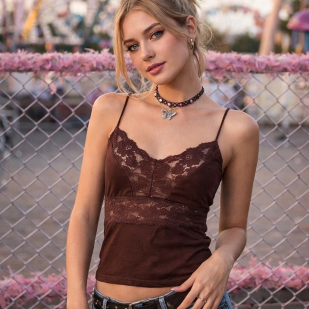 OnGossamer‎ Lace Trim Camisole Women Medium Brown Cotton Blend Boho Y2K Cami Top